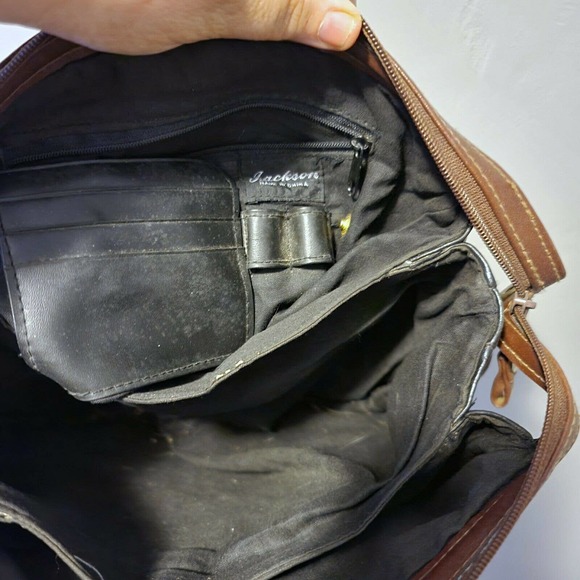 Vintage All Weather black tan Leather Satchel bag purse top Handle expandable - Picture 4 of 5